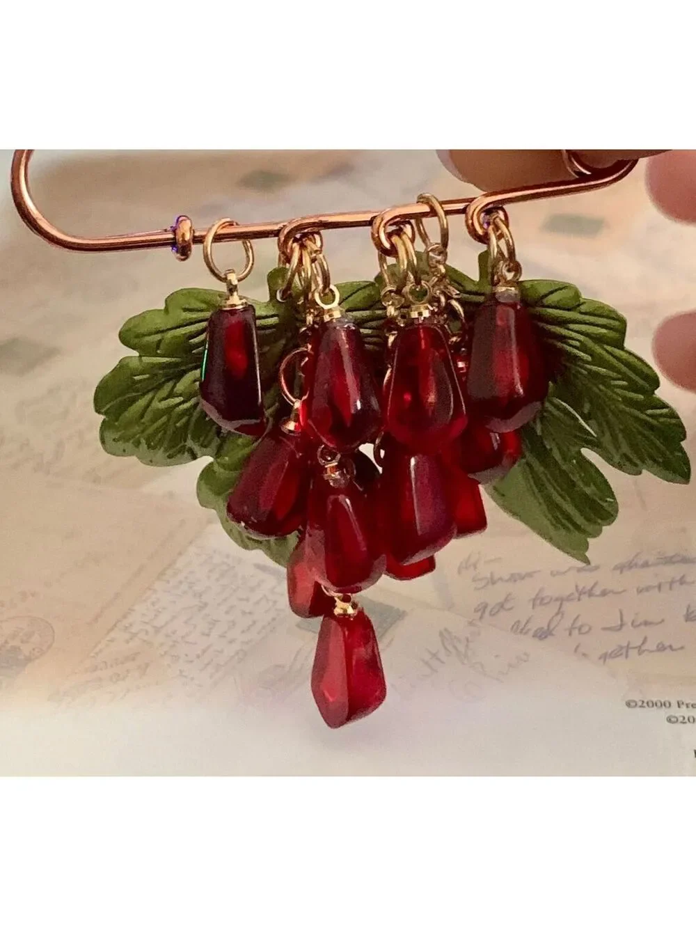 Charming Leaf & Red Berry Dangle Safety Pin Brooch - Nature Inspired Fun